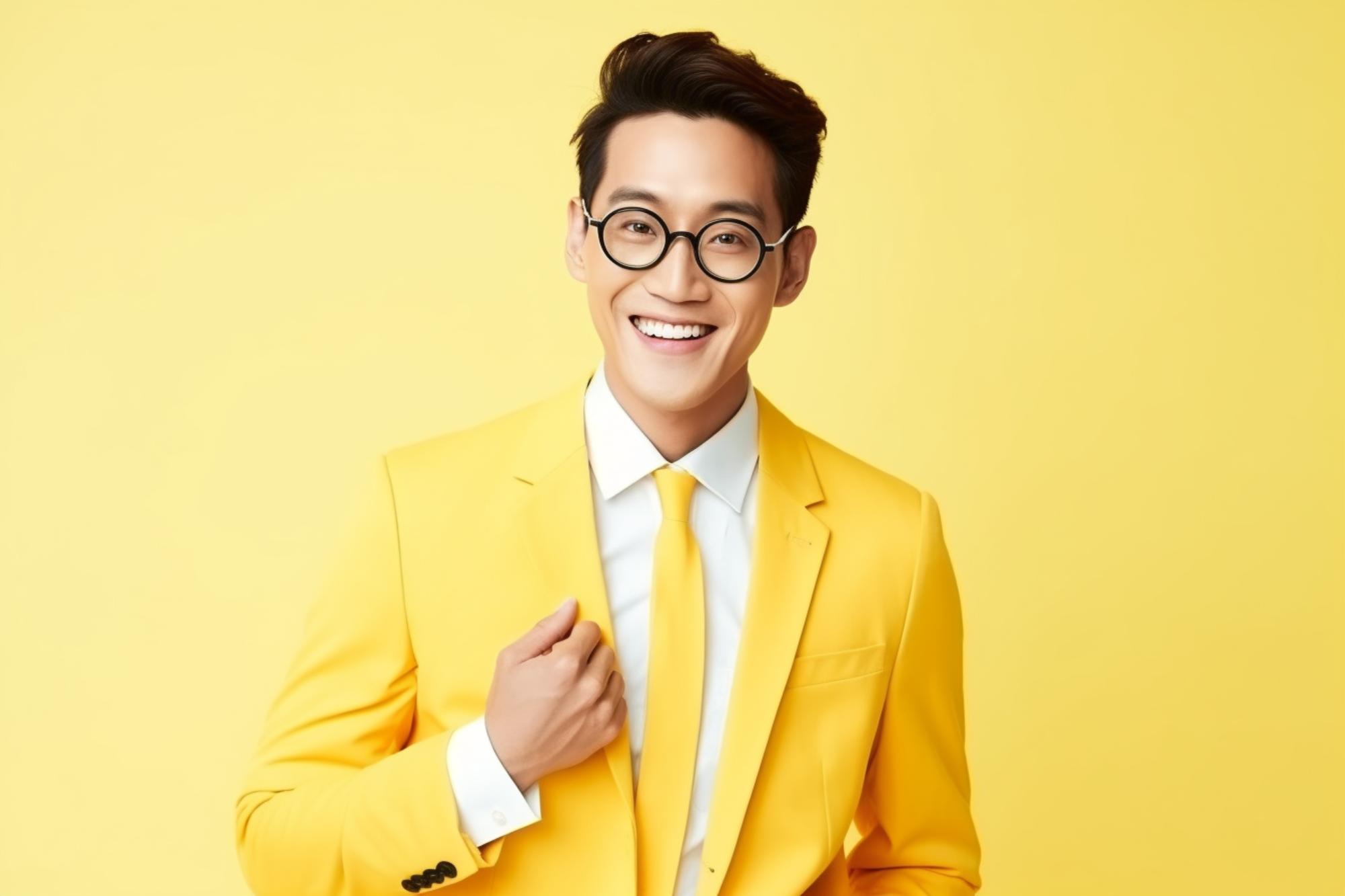 Cà vạt màu vàng phối áo sơ mi trắng