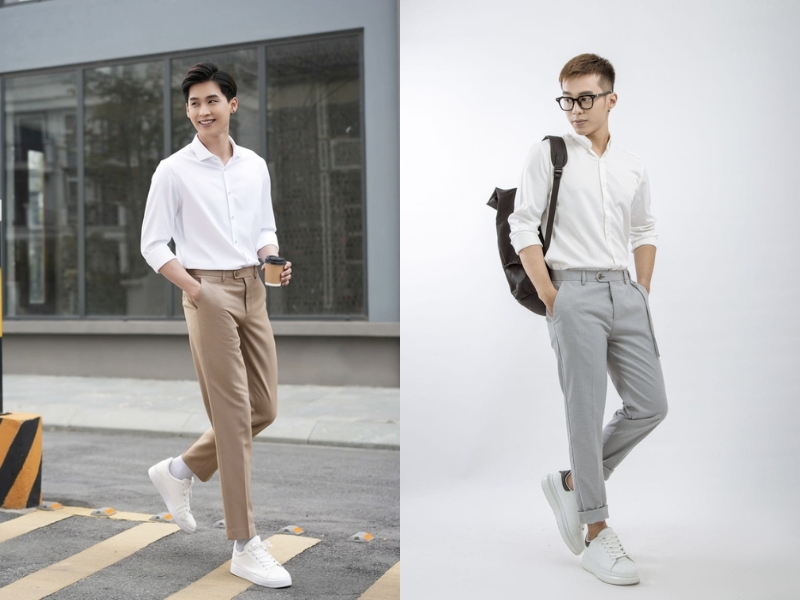 Áo comple nam Hàn Quốc slim-fit phối áo thun trắng và giày sneaker trắng