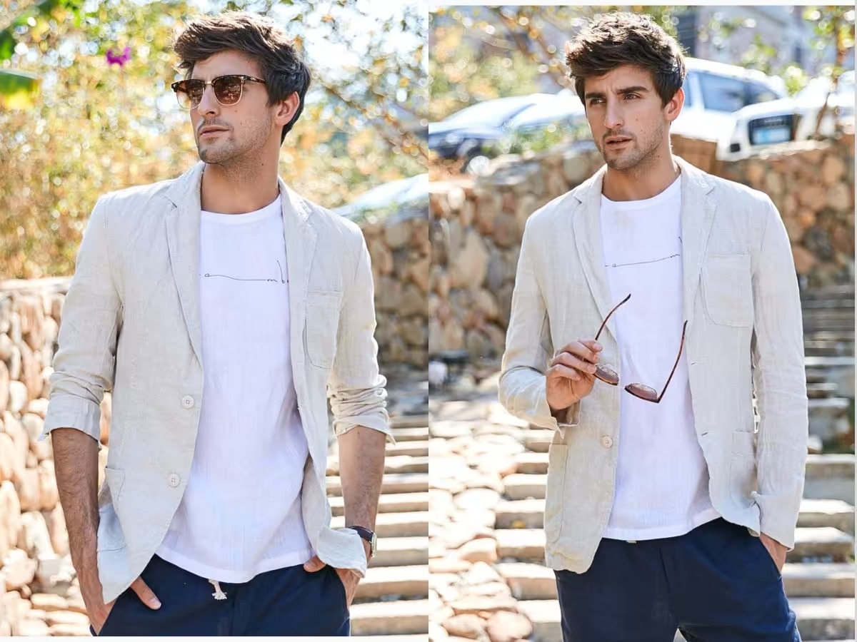 Bộ áo comple linen be sáng dạo phố mùa hè