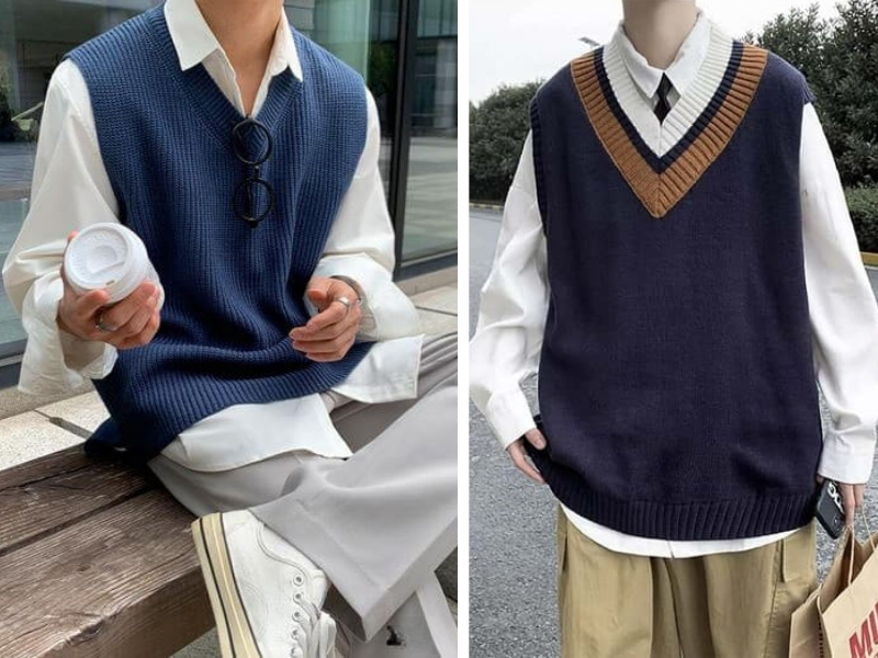 Street style Hàn Quốc 2025 với áo gile len và áo sơ mi trắng