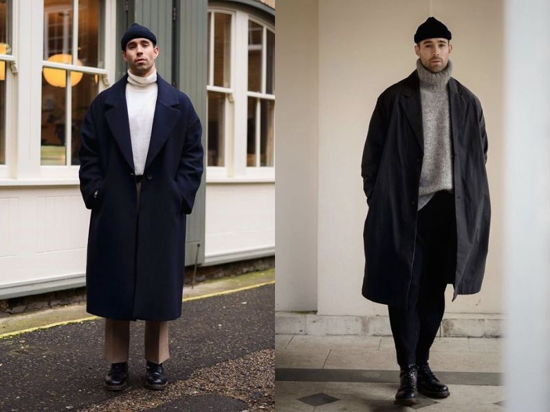 Áo dạ dáng dài nam Hàn Quốc phối cùng áo len cổ lọ và Chelsea boots