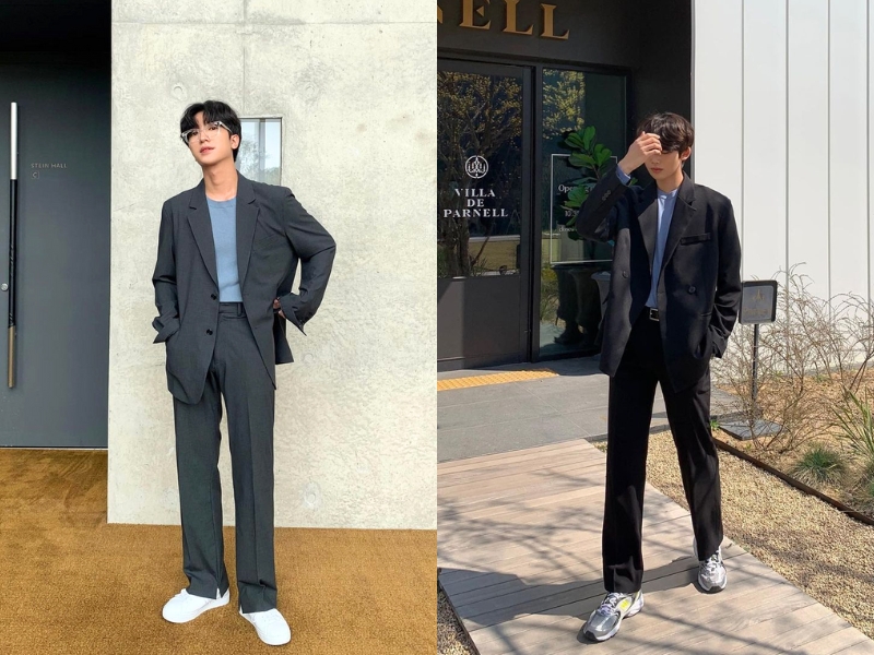 Com lê slim fit màu be phong cách Hàn Quốc trên phố