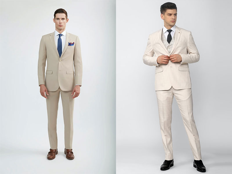 Bộ comple màu be phối cùng sơ mi trắng và giày nâu phong cách thanh lịch
