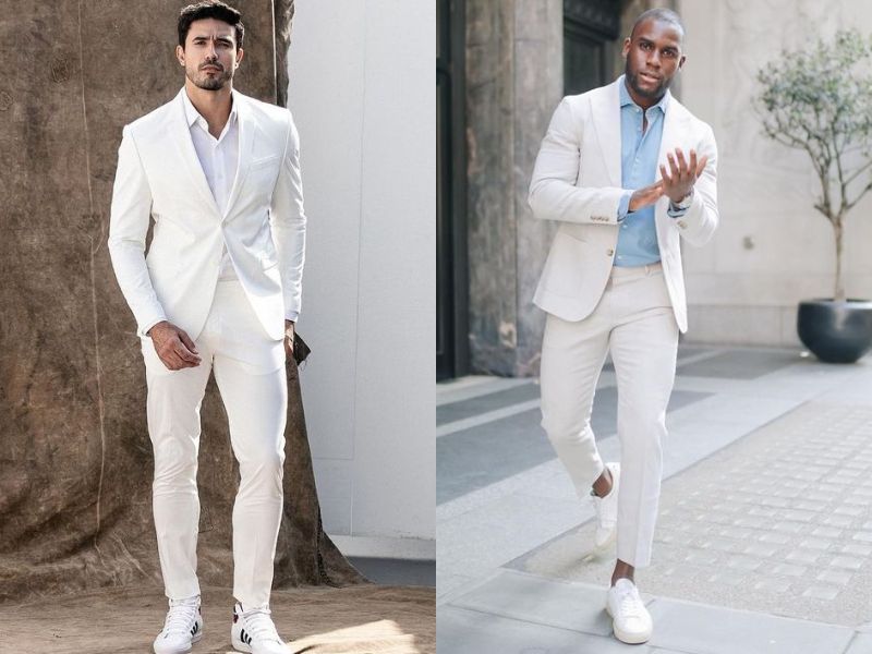 Mẫu áo vest nam tối giản màu be phối cùng sneaker trắng