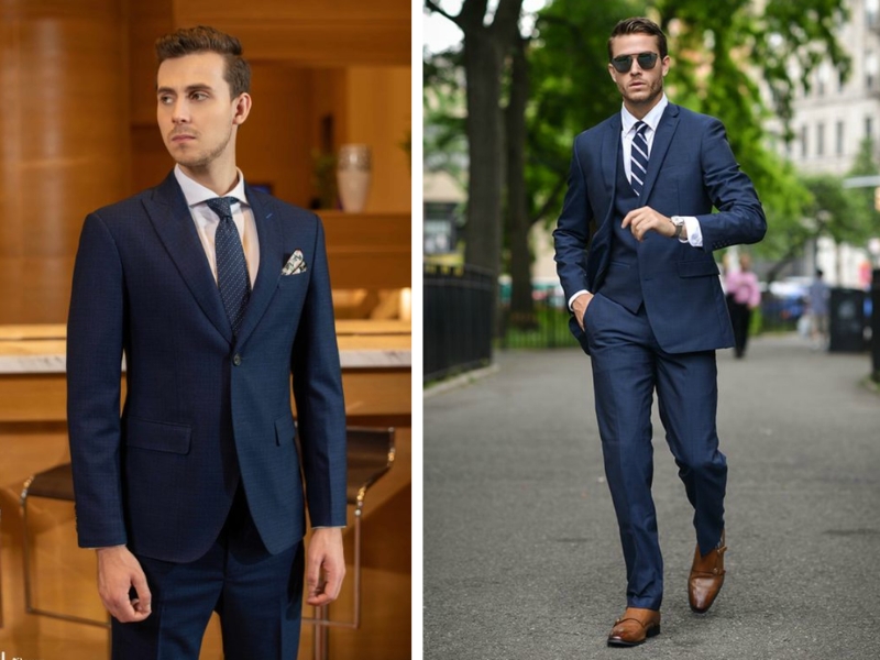 Bộ vest công sở màu navy phối cà vạt và giày da