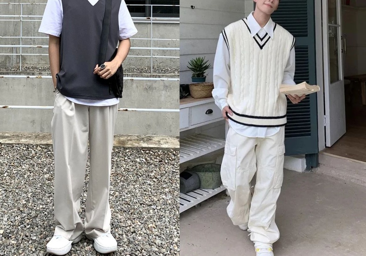 Street style nam với gile len màu be và quần tây xám