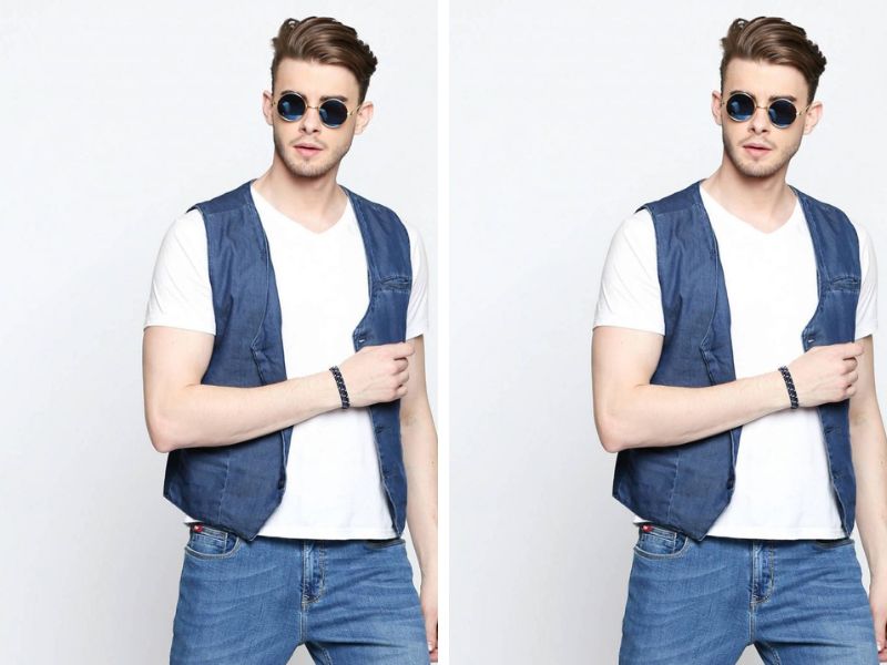 Gile denim phối áo phông trắng và quần jeans năng động