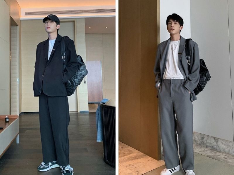 Blazer oversize nam phong cách Hàn Quốc phối cùng quần suông