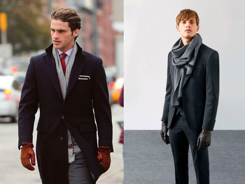 Vest dạ nam phối khăn choàng và găng tay da trong mùa đông